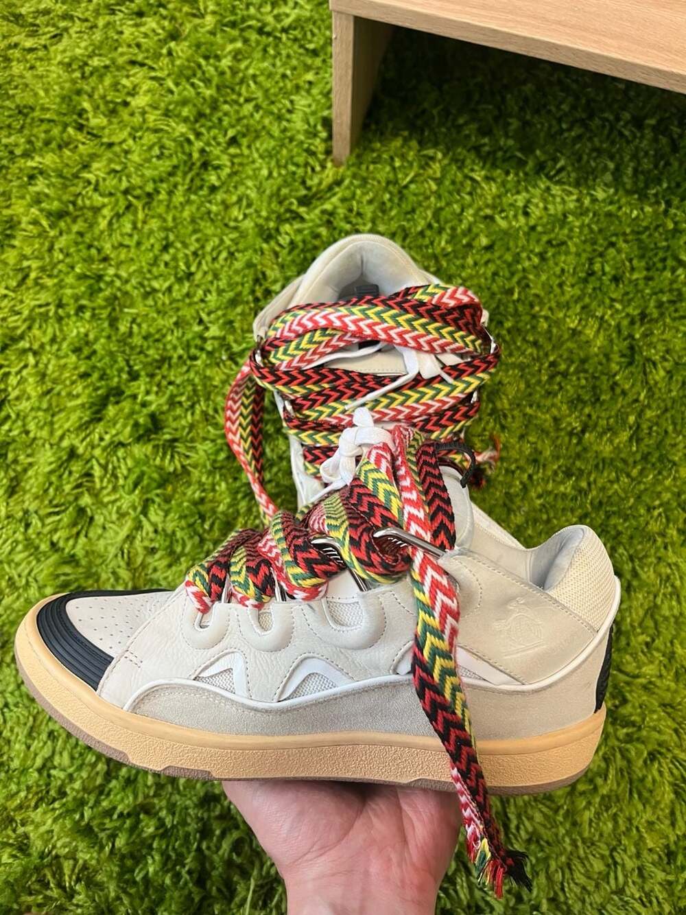 Lanvin Leather Curb Sneakers Off-White and Black with Multicolour Laces